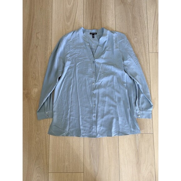 Eileen Fisher Tops - Eileen Fisher Frost Silk Georgette Mandarin Collar Long Sleeve Shirt Women Med